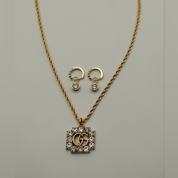 Gucci Jewelry - Gucci Rhinestone Charm On A 14K Gold Rope Necklace AUTHENTIC & A Pair Earrings